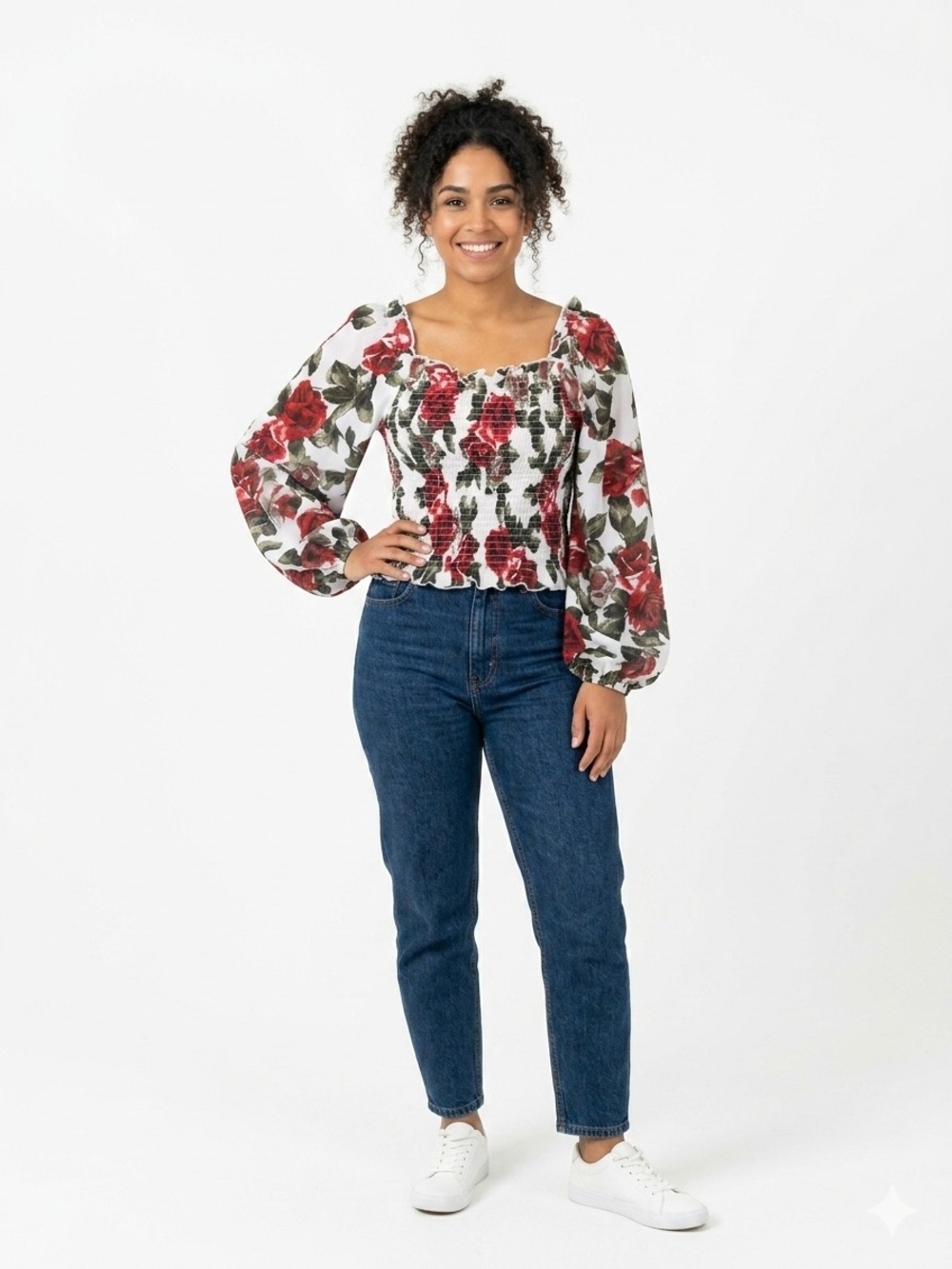 Truth NYC Floral Long Sleeve Smocked Blouse Women's Size Large Red Rose Print